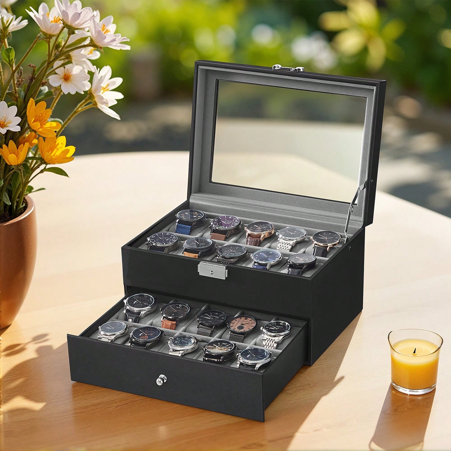 Jewelry Watches & Accessories - 유리 뚜껑과 잠금장치가 있는 20슬롯 시계