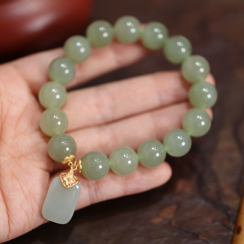 Gemstone Bracelet Healing - 천연 호탄 옥 비즈 꽃 연꽃