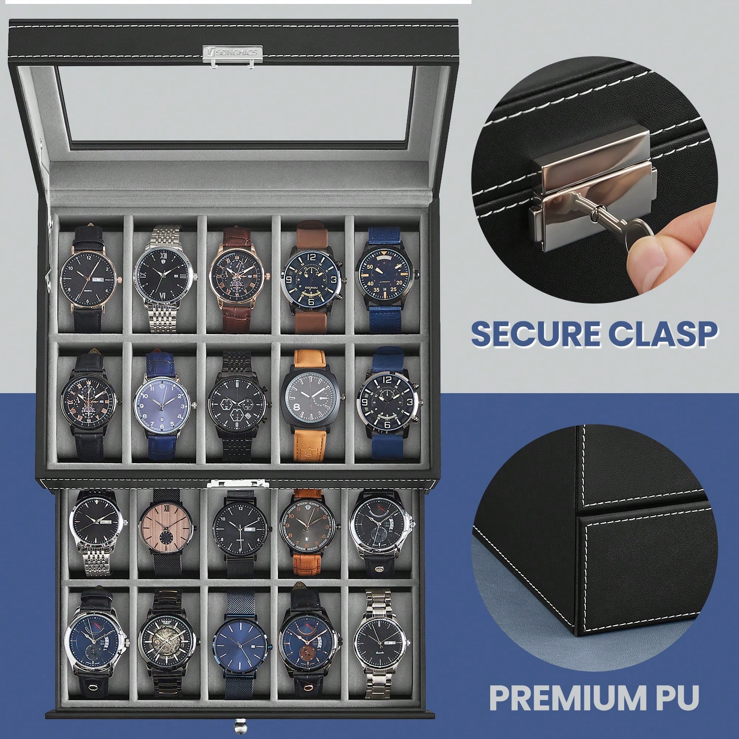 유리 뚜껑과 잠금장치가 있는 20슬롯 시계 보관함, 2 - Jewelry Watches & Accessories 리뷰 및 가격