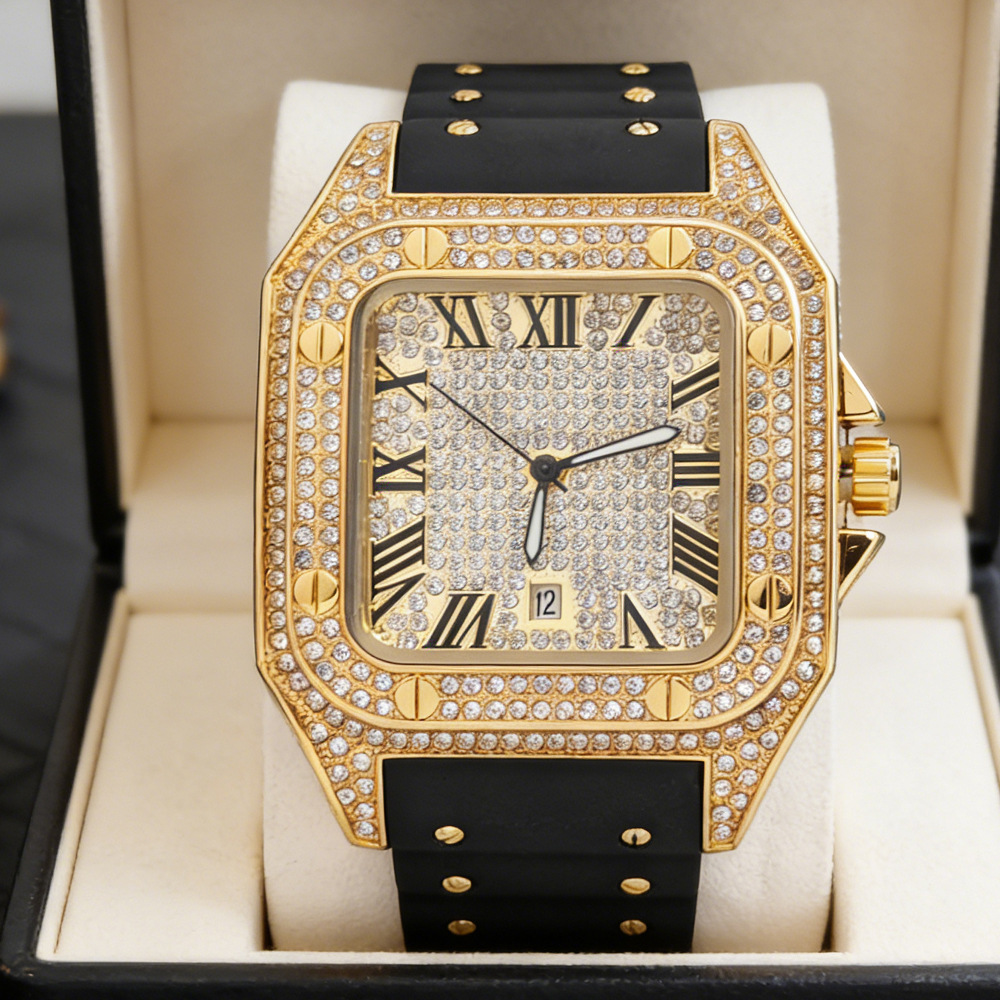 핫 패션 스퀘어 풀 다이아몬드 쿼츠 시계 남성용 러버  - Jewelry Type Watches 리뷰 및 가격