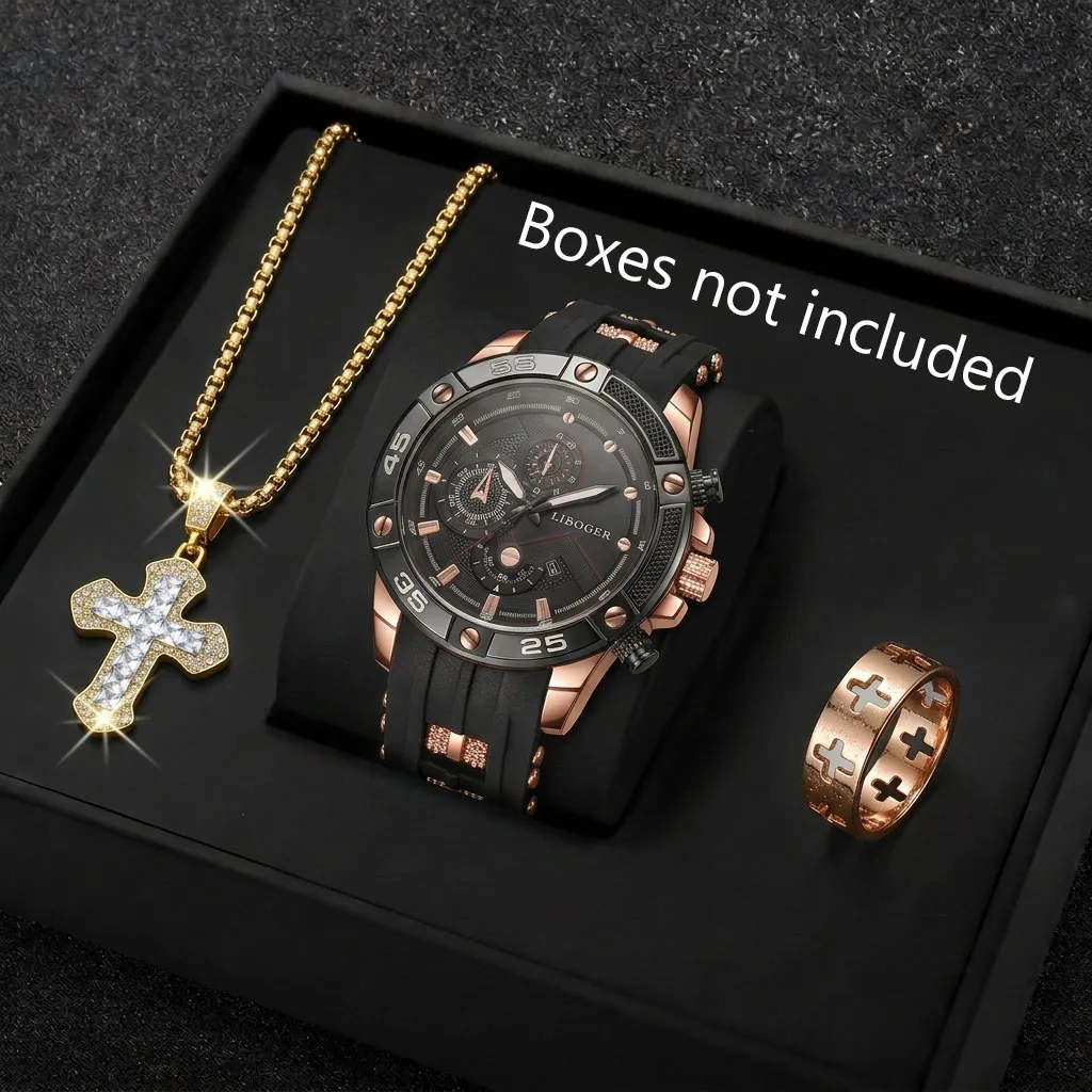3PCS 패션 남성 스포츠 시계 크로스 쥬얼리 세트 캐 - Jewelry Type Watches 리뷰 및 가격