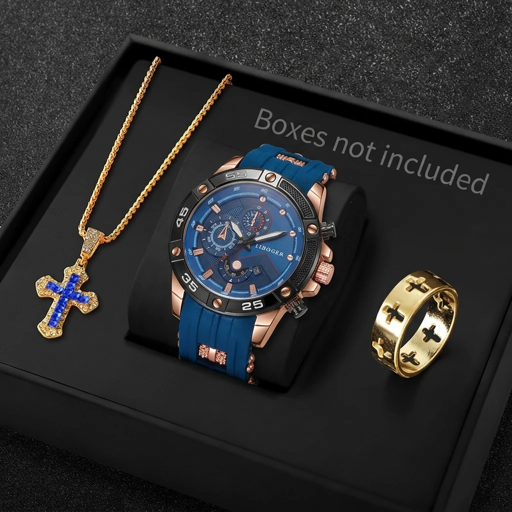 3PCS 패션 남성 스포츠 시계 크로스 쥬얼리 세트 캐 - Jewelry Type Watches 리뷰 및 가격